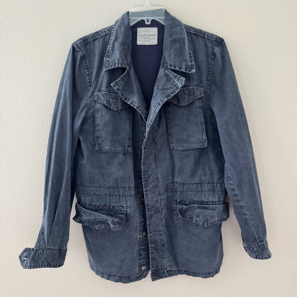 Vintage Men’s Denim Utility Jacket Washed Blue Button Front Size XL